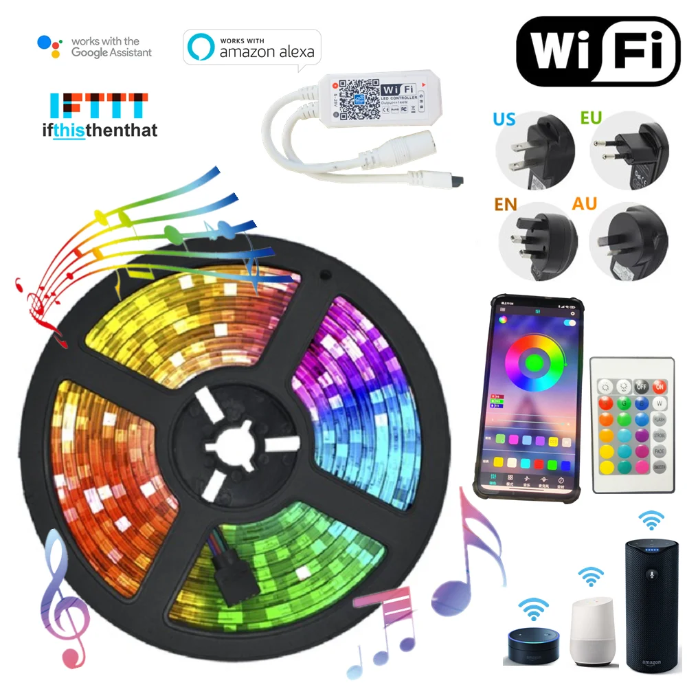 

30M WIFI LED Strip Lights Bluetooth RGB Led light 5050 SMD Flexible 20M 25M Waterproof 2835 Tape Diode DC WIFI Control+Adapter