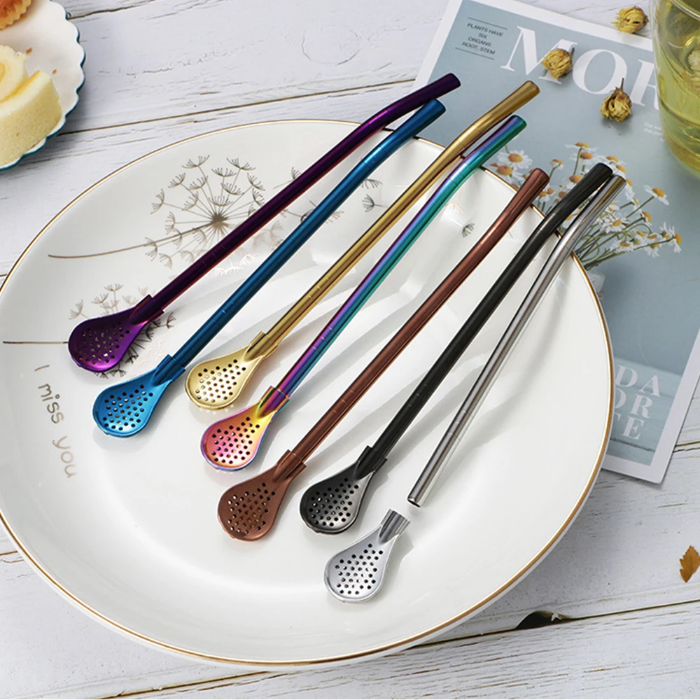 Description Picture 6 of itemColorful 304 Stainless Steel Tea Drinking Straws Spoon Yerba Mate Tea Filter Reusable Bombilla Gourd Tea Tools Bar Accessories