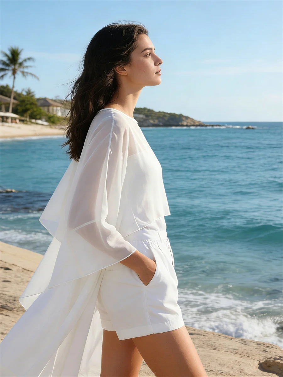 Women Loose Mesh Sheer Poncho Tops See Through Boat Neck Irregular Cover-ups Sexy Female Casual Beach Blouses 6