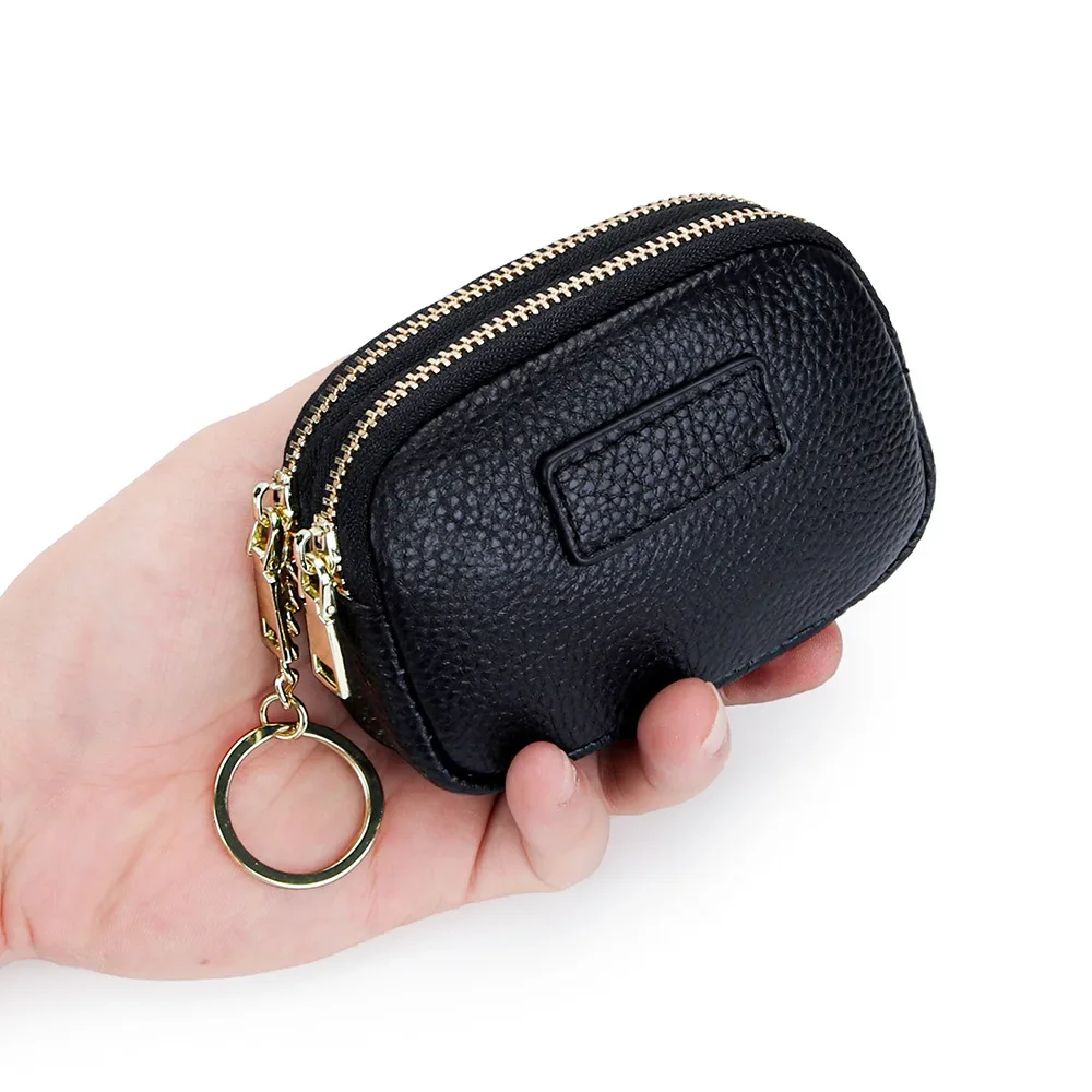 2 Zippered Genuine Leather Coin Purse Large Capacity Change Pouch Little Travel Wallet with Key Ring for Women Short Small Pouch
