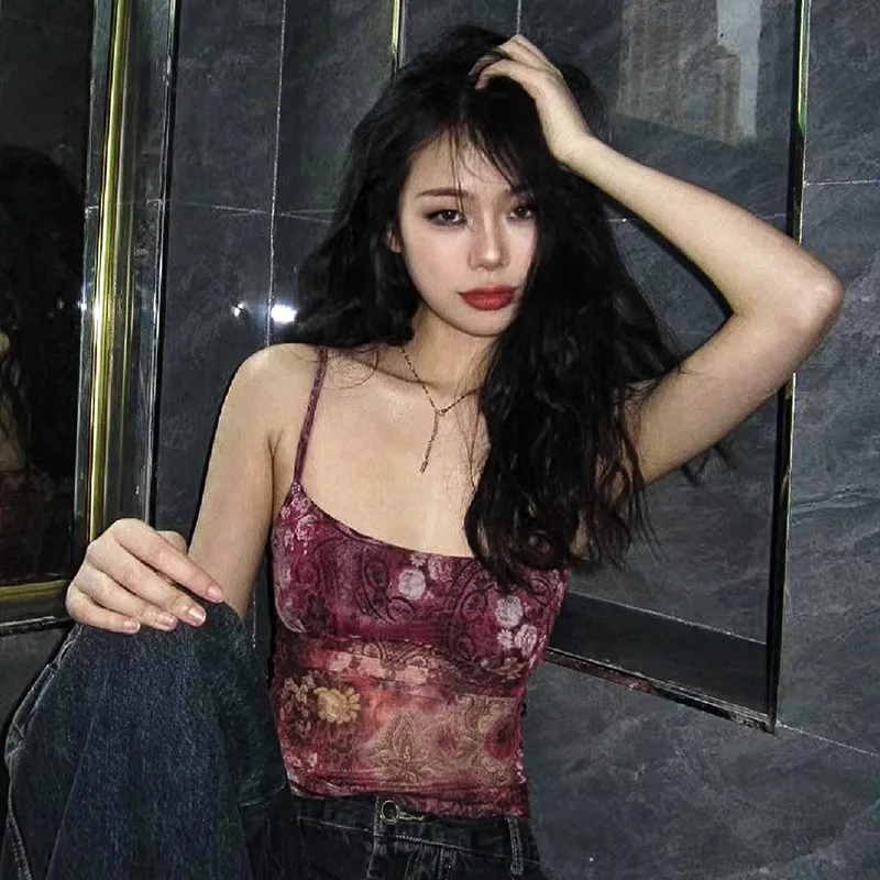 

Fairycore Grunge Floral Print Crop Top Vintage 2000s Y2K Aesthetic Tank Tops Chic Korean Style Sexy Corset Boho Camis