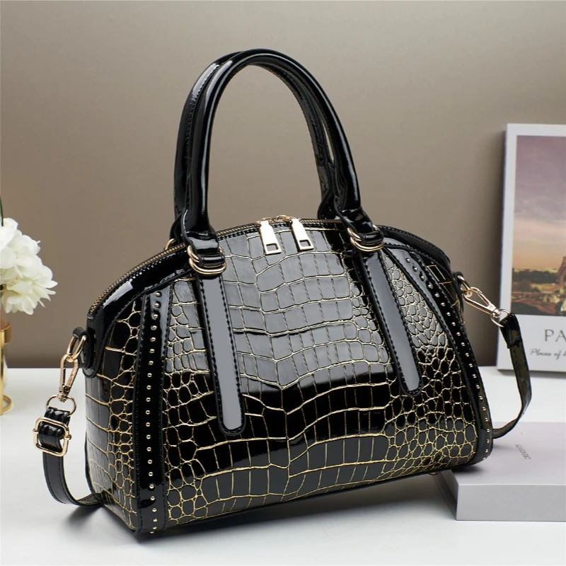 Large Capacity Leather Handbag with Fashionable Stone Pattern - Shoulder & Crossbody Style