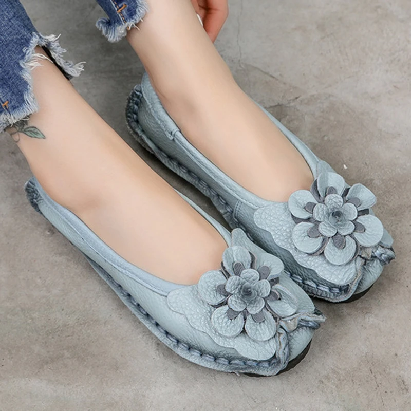 Ethnic Women Loafers Genuine Split Leather Flat Heels Flower Round Toe Soft Solid Sandals Platform Ladies Shoes Zapatos De Mujer bridal slingbacks