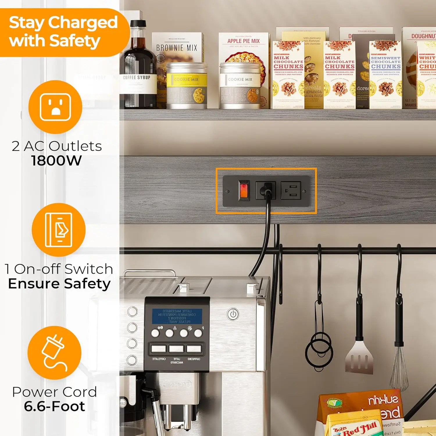 Bakers Rack with Power Outlets, 6-Tier Microwave Stand, Coffee Bar with 12 S-Shaped Hooks, Kitchen Shelf Wi
