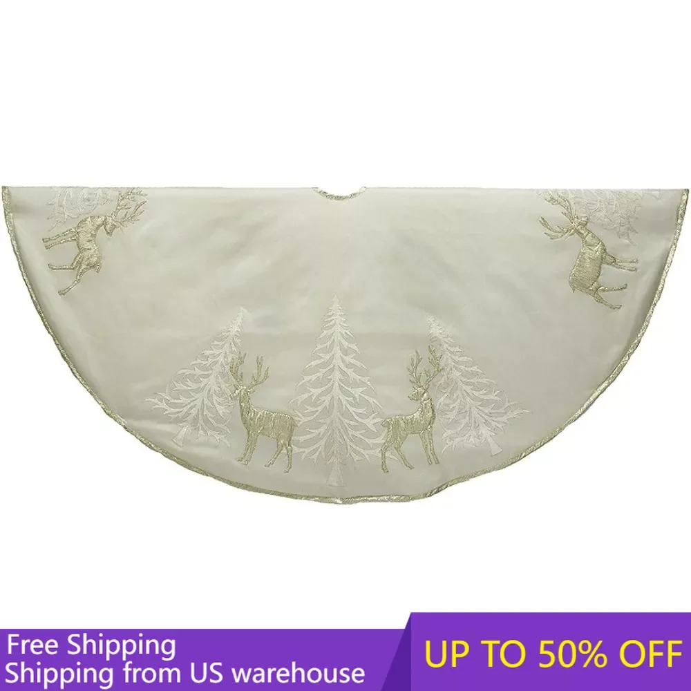 

Christmas Tree Skirt 48" Gold Tree and Reindeer Applique Treeskirt, Polyester Xmas Trees Skirts,Gold