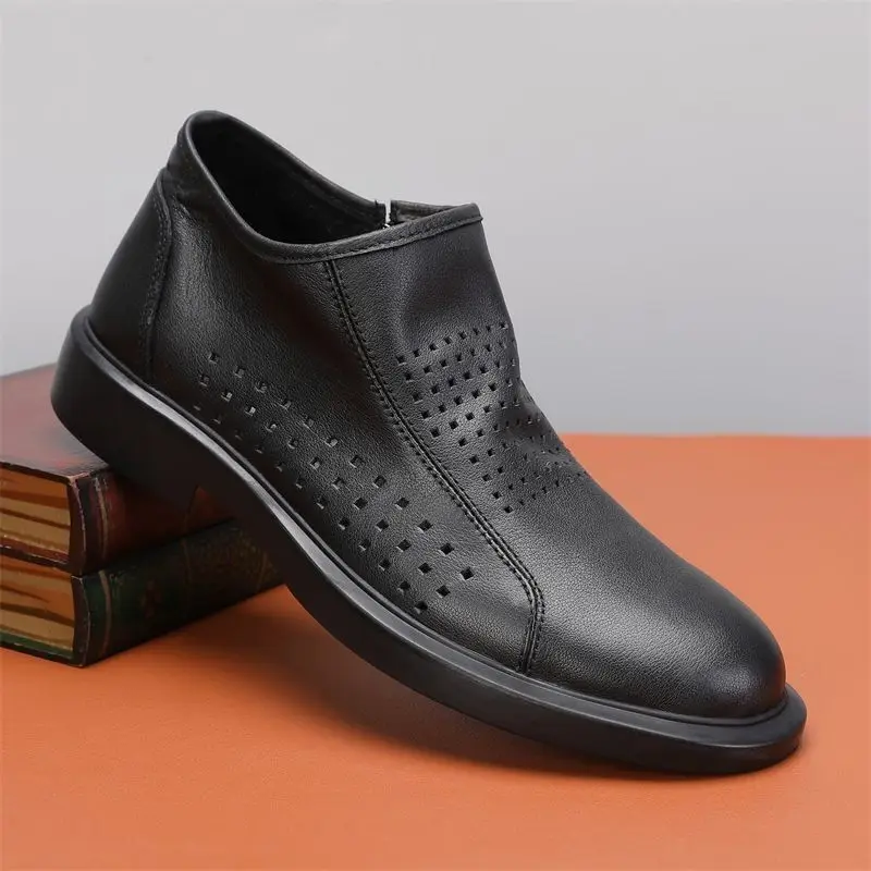 Vintage Genuine Leather Men's Casual Shoes Summer Perforated Roud Toe Thick Bottom Loafers British Style Side Zip Disnger Flats