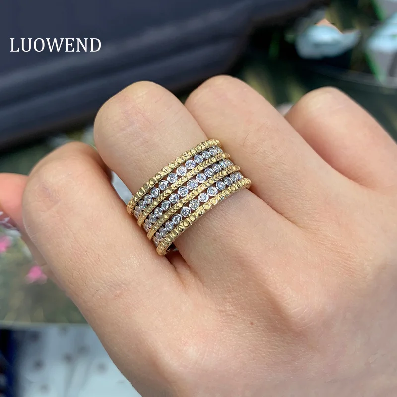 LUOWEND 18K Yellow&White Gold Ring Natural Diamond Ring Fashion Carved Row Drill Fine for Women Wedding Engagement Party