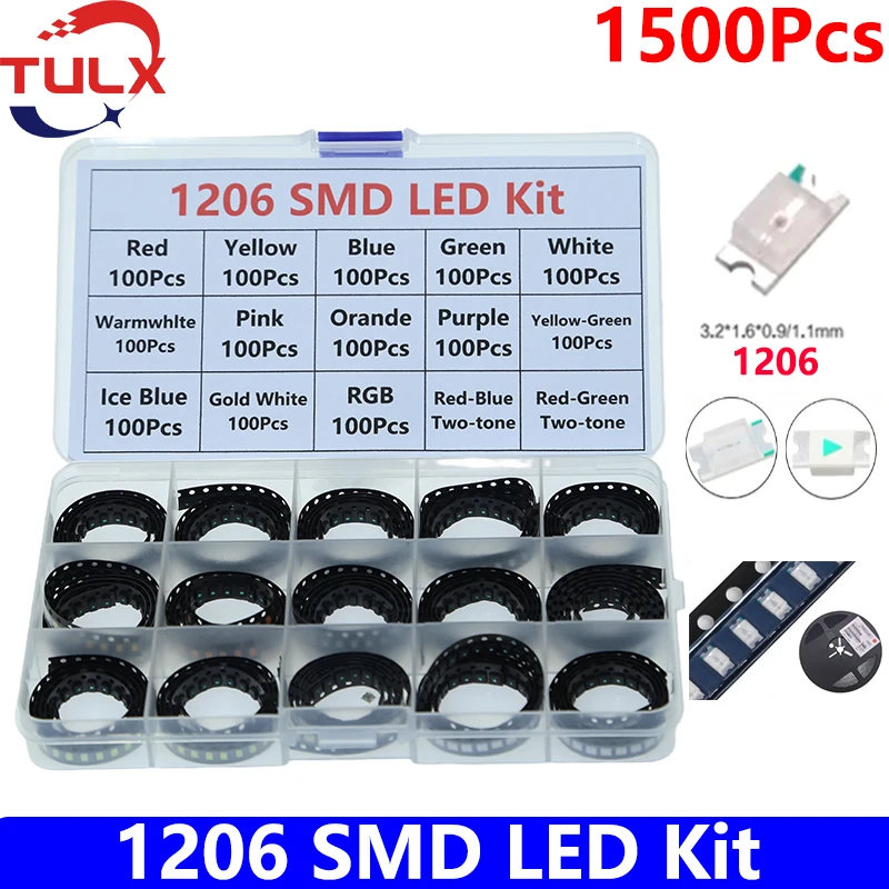 

1500pcs/Box SMD LED Kit 1206 Red/Yellow/Blue/Green/White/Orande/YG/Pink/Purpie/Warmwhlte led diode set SMD LED Lamp Beads Kit