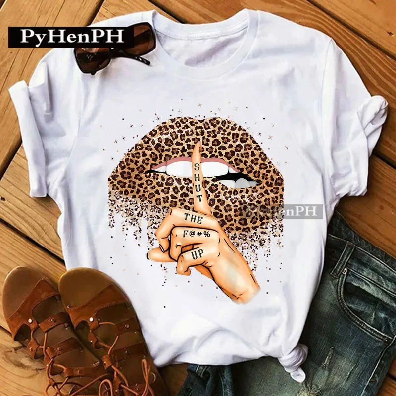 

Net Celebrity The Same Style Foreign Style Rose Red Lip Printed T-shirt Women's Summer Short Sleeve Casual Large Size Tees