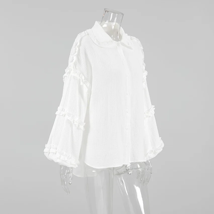 Camisas blancas holgadas con volantes para mujer, manga larga, elegantes, a la moda, otoño, lisas, informales, prendas de vestir exteriores, camisas para mujer, abrigos, novedad de verano