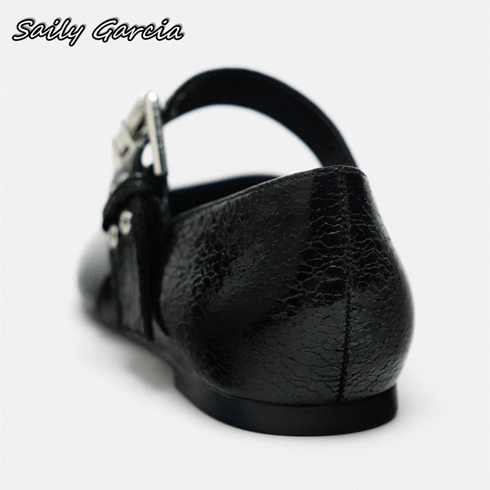 Black Belt Buckle Strap Shallow Ballet Flats 2024 Summer New Fashion Crack Leather Flats Pointed Toe Low Heel Casual Shoes