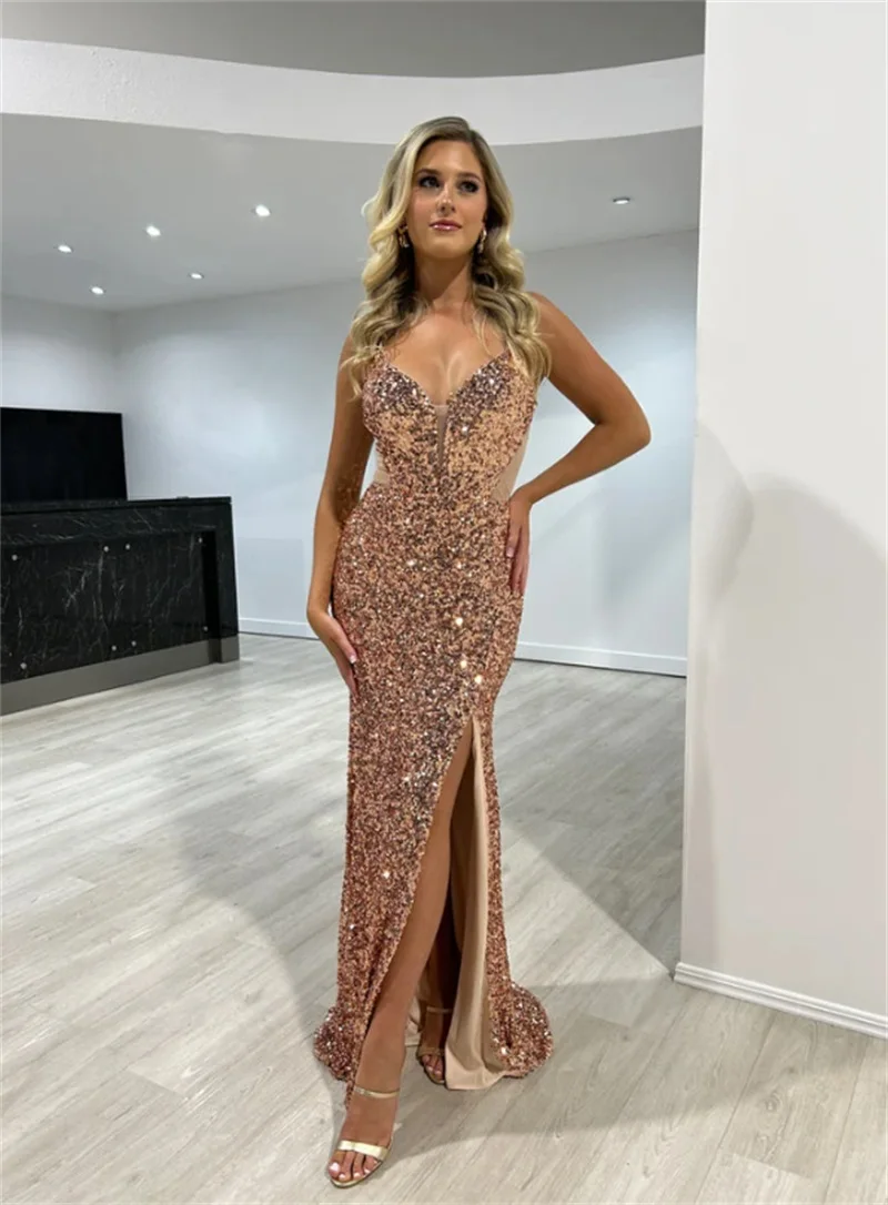 Women Sexy Sparkly Formal Occasion Dress Temperament Backless Spaghetti Strap Cocktail Gown New Split Maxi Evening Party Dresses