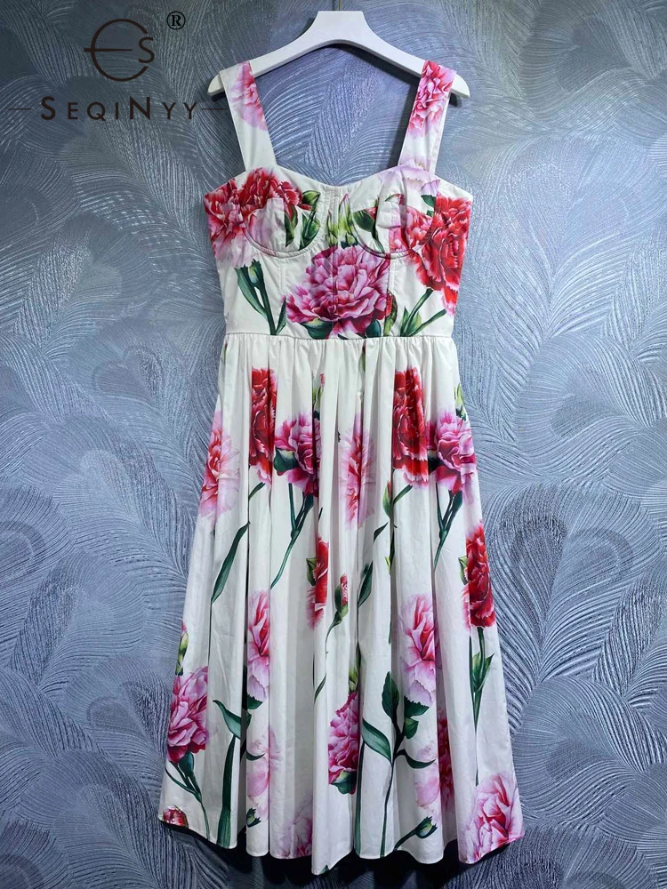 

SEQINYY 100% Cotton White Dress Summer Spring New Fashion Design Women Runway High Quality Purple Flowers Print Vintage Sicily