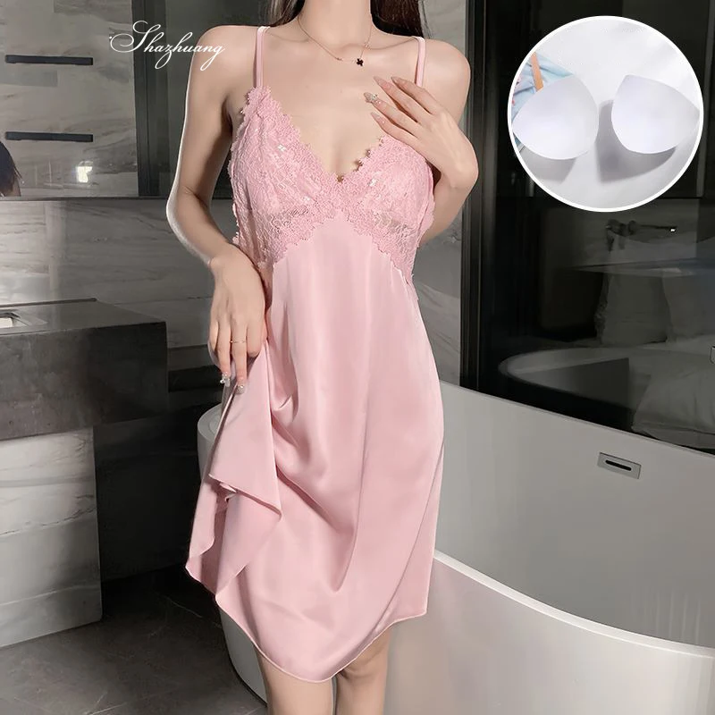 Women's new sexy slim fitting pajamas lace V-neck camisole nightgown women pure desire to gather chest cushion home wear