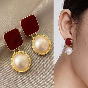 925 Silver Needle Vintage Red Blue Square Earrings For Women Jewelry 2025 Trending New Korean Fashion Women's Pearl Earrings