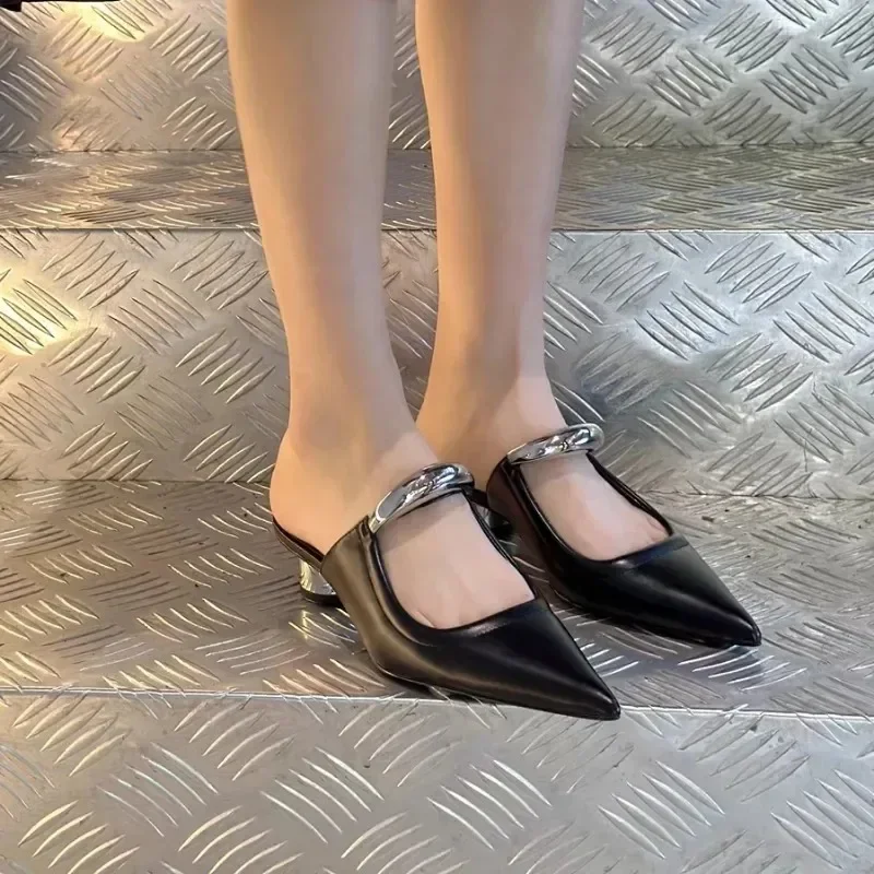 Punk Gothic Metal Buckle Low Heels Sandals Women 2024 New Pointed Toe Thick Heeled Summer Slippers Woman Platform Muller Shoes 2
