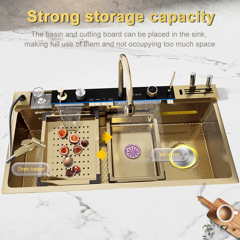 Stainless Steel Waterfall Kitchen Sink Gold Embossed Extra Large Single Slot Digital Display Dishwashing Basin 100x50cm kitchen sink