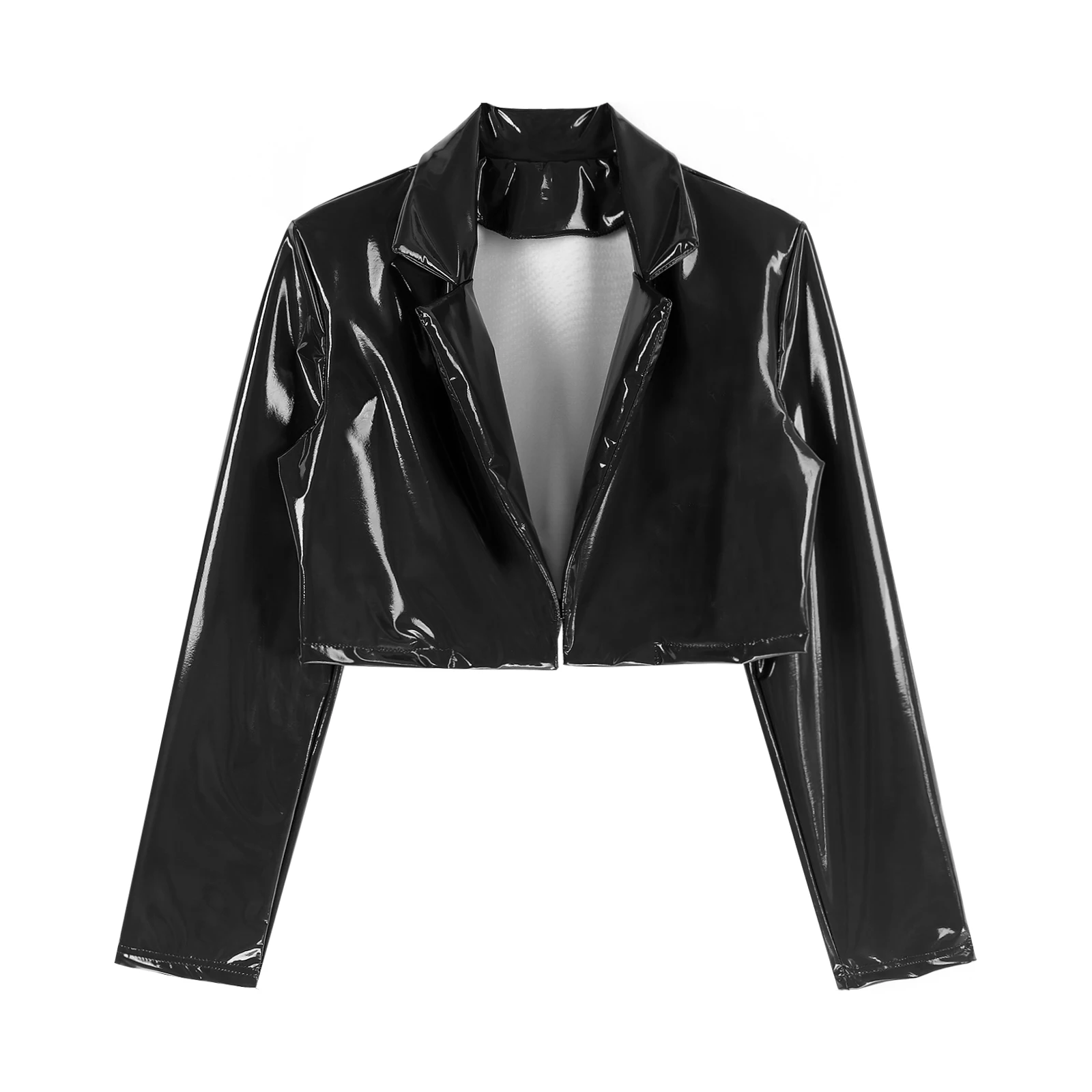 thumbnail image 1 of Abrigo corto de manga larga con aspecto mojado para hombre, ropa de fiesta para fiesta de Cosplay Rave, chaqueta de charol con solapa para baile en barra, abrigos para motocicleta, 1 of 4