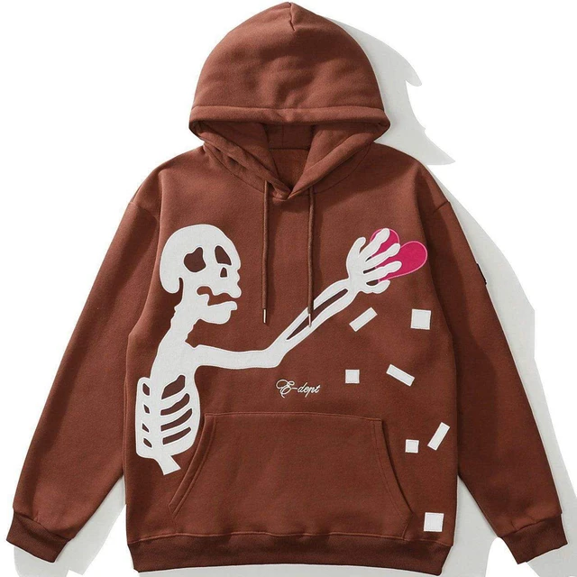 LACIBLE Harajuku Hip Hop Streetwear Heart Thief Fleece Hoodie Pullover  Fashion Loose Casual Skull Hooded Sweatshirt