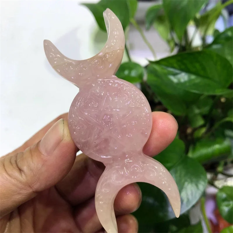 

8.4cm Natural Rose Quartz Three Phase Month Carved Figurine Crystal Healing Energy Gemstone Crafts For Desk Decoration 1pcs