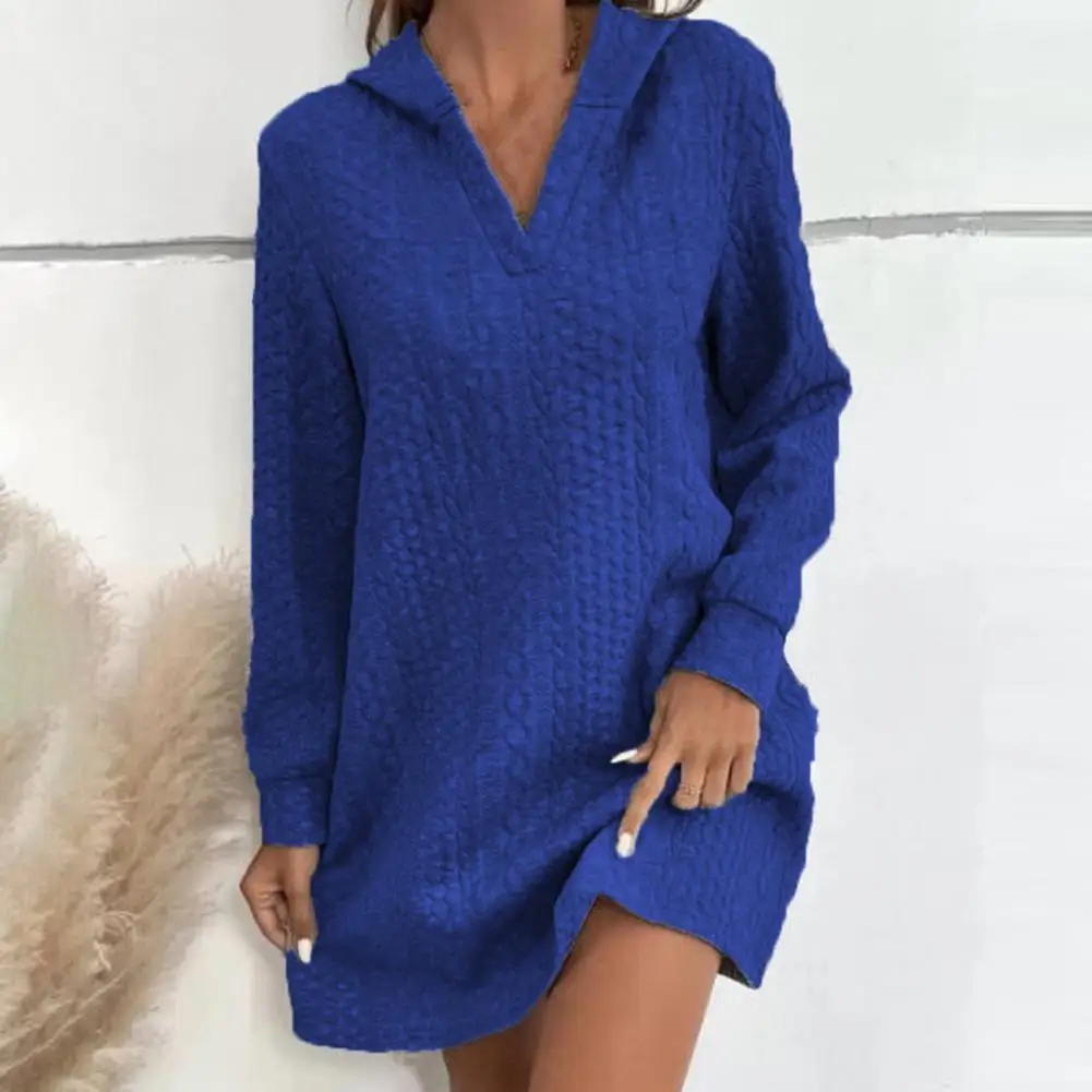 

Jacquard Dress Cozy Hooded V-neck Women's Dress with Applique Detailing Long Sleeve Pullover Above Knee Length for Fall Winter