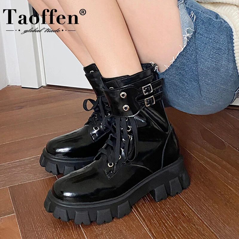 

Женские полусапожки из натуральной кожи Taoffen, зимняя обувь на толстой подошве с ремешком, уличная модная обувь, размеры 34-39