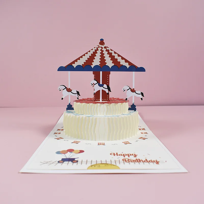 Happy Birthday Cards 3D Pop up Carousel for Kids Cute Cartoon Holiday Blessings With Envelope Children's Day