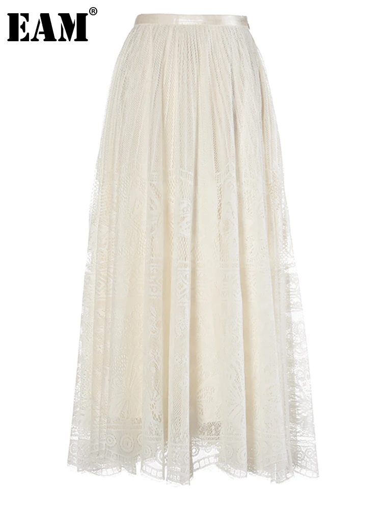 

[EAM] High Elastic Waist Apricot Lace Elegant Long A-line Half-body Skirt Women Fashion Tide New Spring Autumn 2024 1DH3344