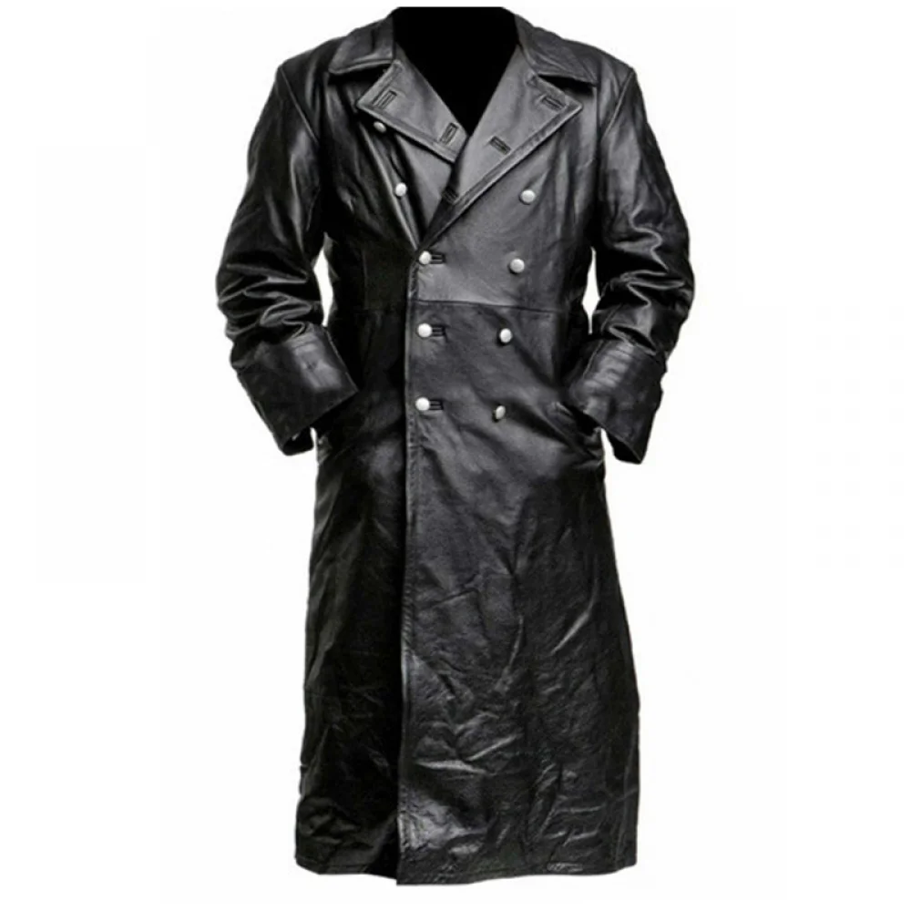 thumbnail image 1 of Abrigo largo de cuero de gran tamaño para hombre, abrigo cruzado, estilo militar alemán, abrigo medieval para oficial, invierno, 1 of 5