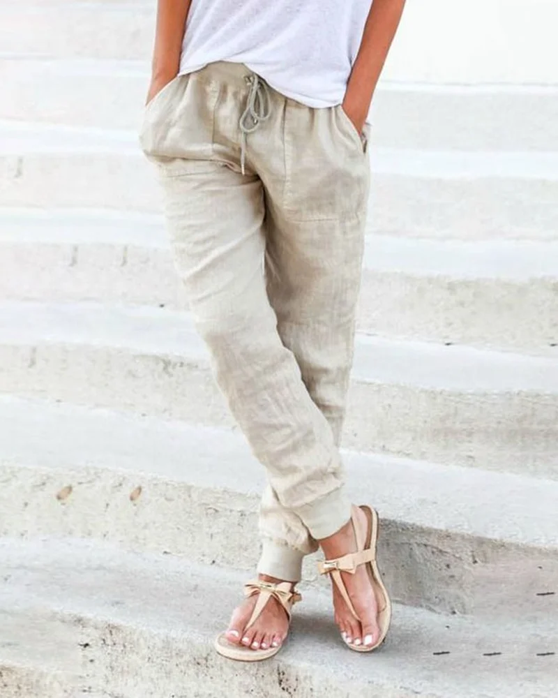 

Fashion Women Oversize Solid Color Trousers High Waist Daily Vacation Haren Pants Pocket Detail Drawstring Casual Pants
