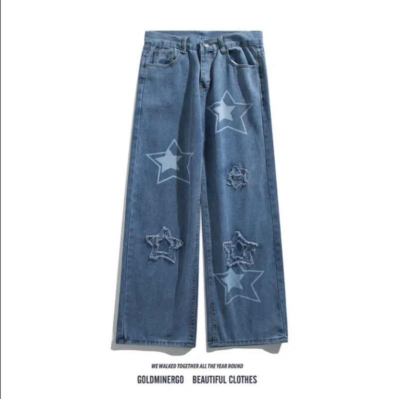 2023 Y2K Fashion Clothes Cartoon Pattern Printed Jeans Women's Casual Loose Denim Trousers Ladies Blue Straight Trousers New