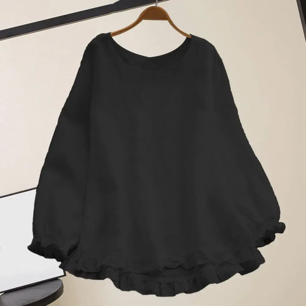 

Loose Fit Shirt Autumn Streetwear Women's Loose Fit Solid Color Pullover Blouse with Ruffle Trim Elastic Cuffs Chic O-neck Long