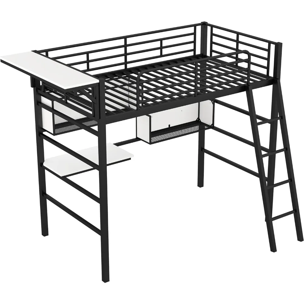 

Loft Bed Twin Size, Metal Loft Bed with Desk, 2 Shelves,1 Hanging Hanger, Inclined Ladder, High Guardrail, Space Saving Loft Bed