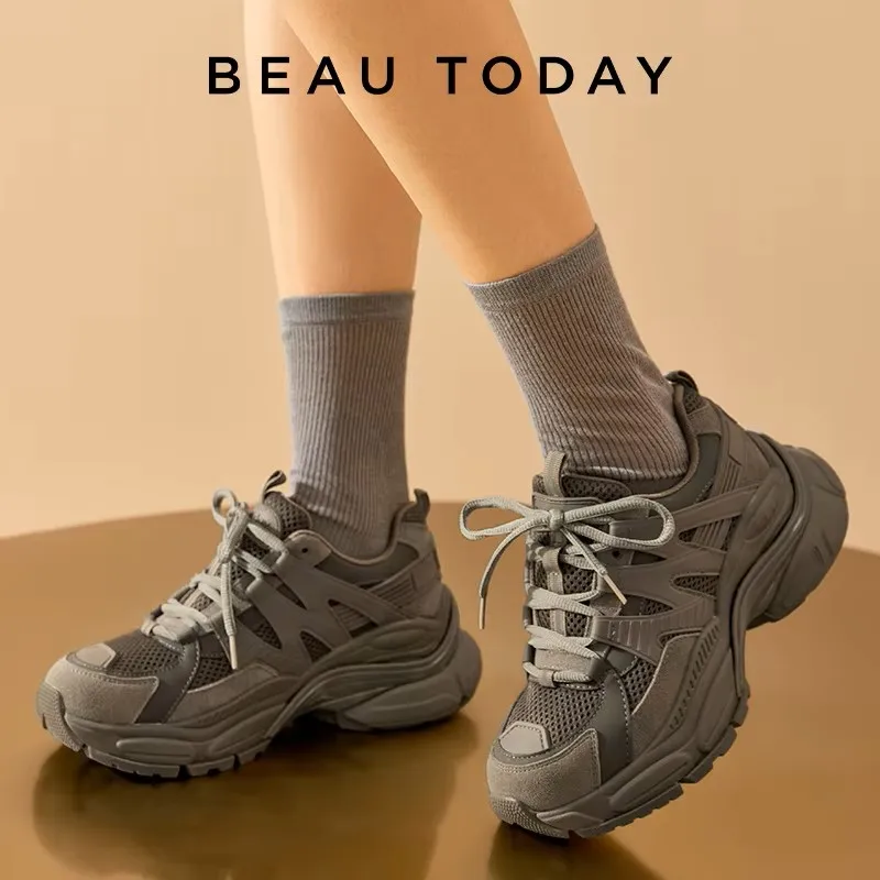 Women Sneakers Women Shoes Casual Sneakers BeauToday Platform Sneakers Women Mesh Solid Color Breathable Trainers Lace-up Round Toe Thick Sole Ladies Shoes Handmade 29462
