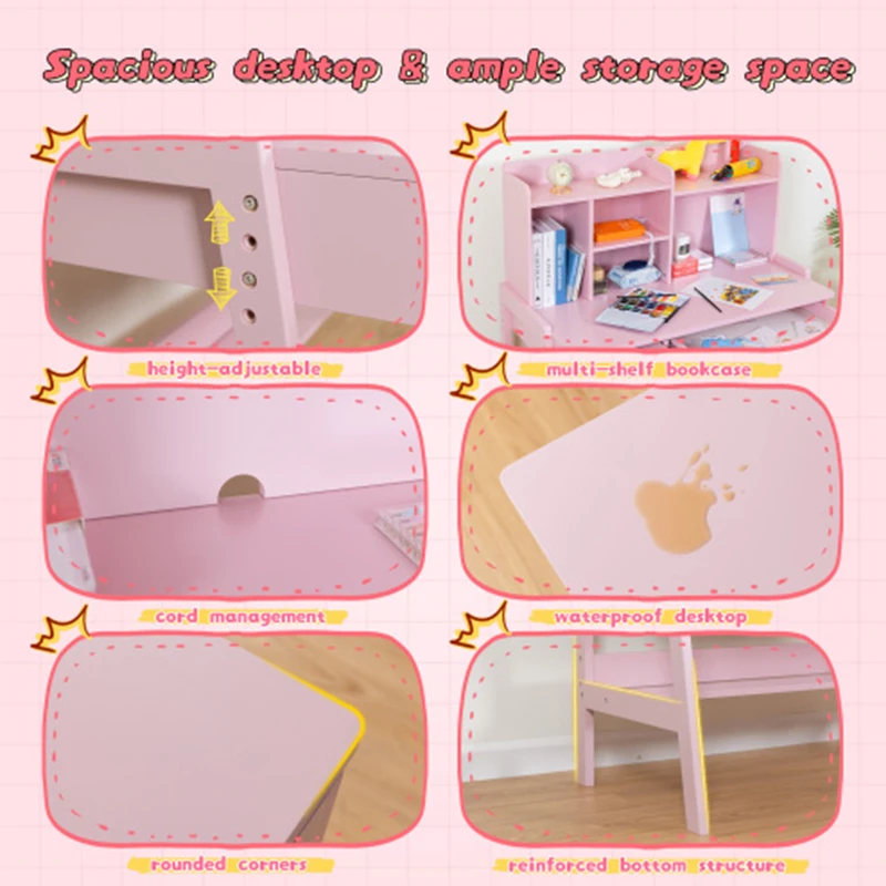 Modern classic desk, children's desk, solid wood bedroom boy and girl family desk and chair set, Pink
