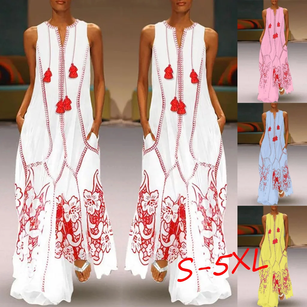 

2024 Women's Europe and The United States Summer New Dress Cross-border Sleeveless V-neck Printing Loose Beach Fashion Dresses