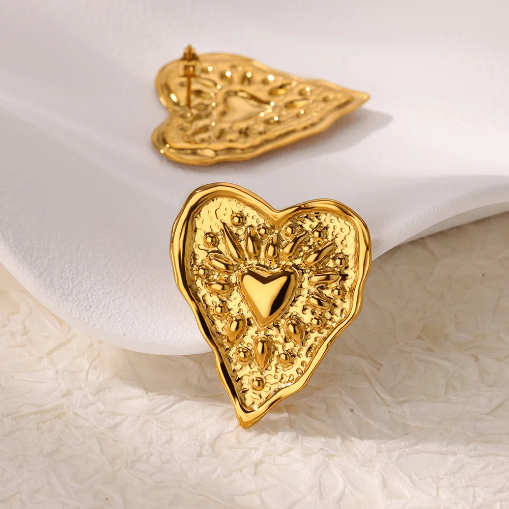 Stainless Steel Irregular Heart Texture Stud Earring for Women