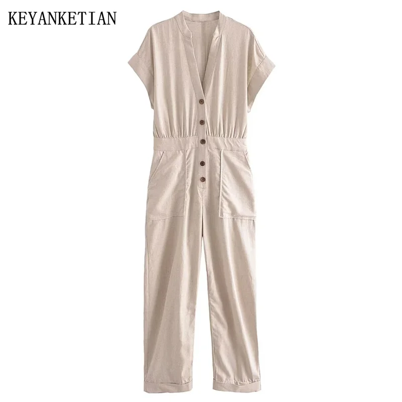 

KEYANKETIAN Summer New Linen Texture V-Neck Jumpsuit Women Casual Style Single Breasted Trim Apricot Cargo Pants Short Sleeves