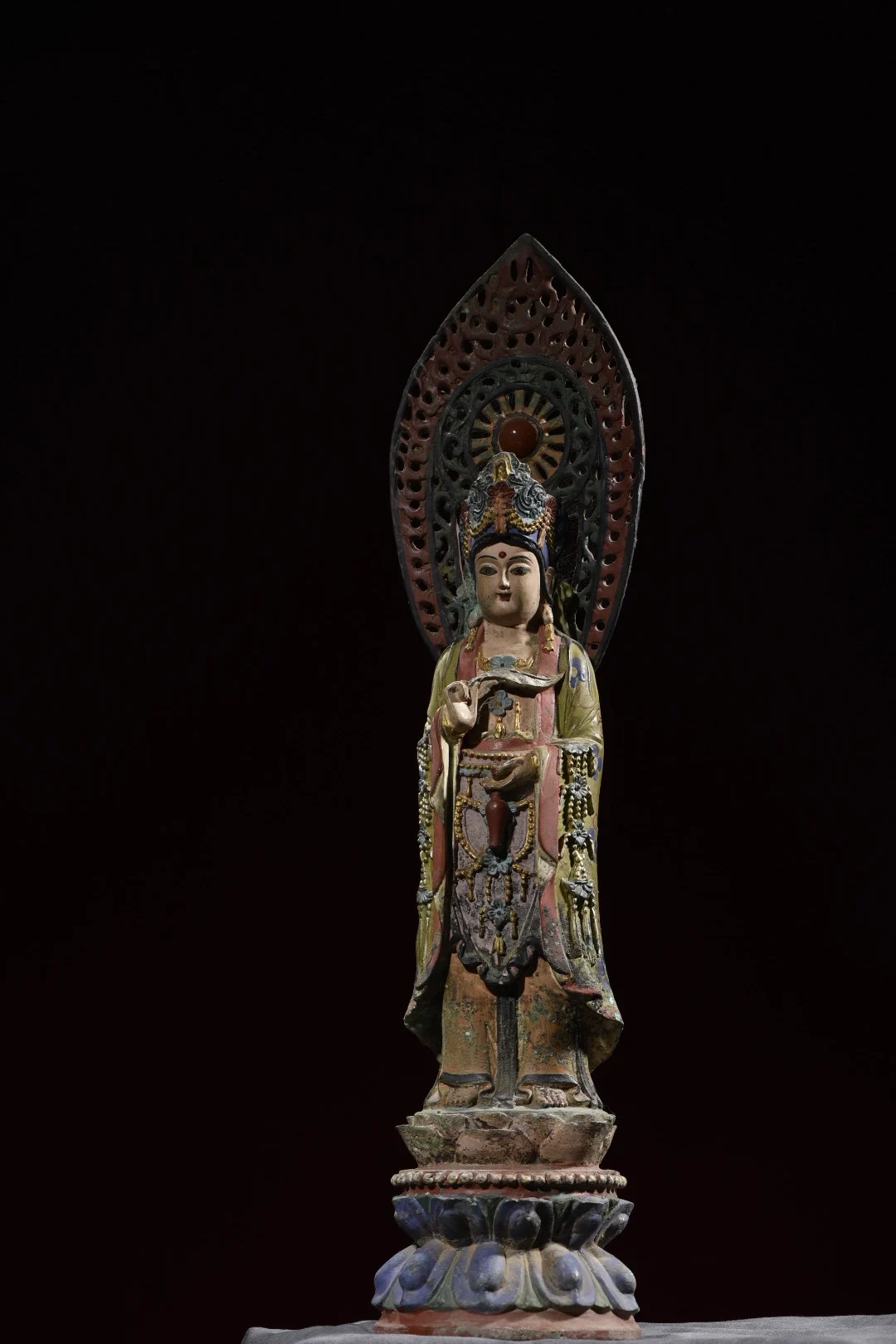 

Коллекция тибетских храмов 17 дюймов, старинная бронзовая окрашенная бутылка Гуаньинь, Будда Бодхисаттва подсветка, двойной лотос, платформа, поклонение залу