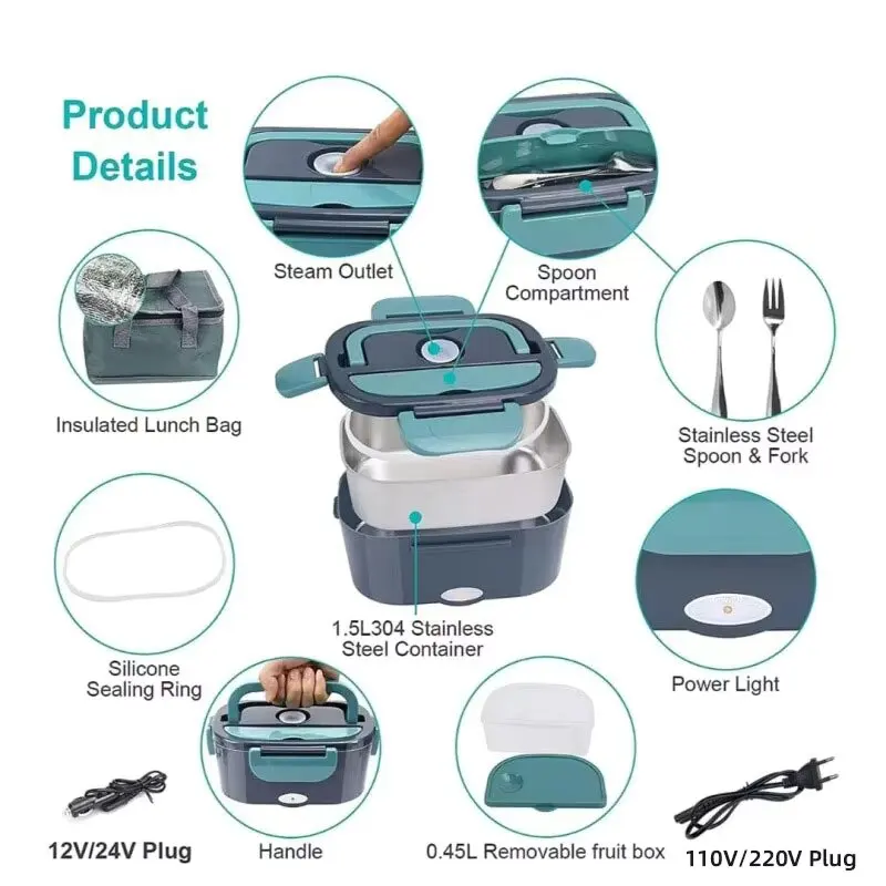 Electric Lunch Box Food Heater  Portable Food Warmer Lunchbox for Car Home Leak proof 2 Compartments 110V 220V Pot 6