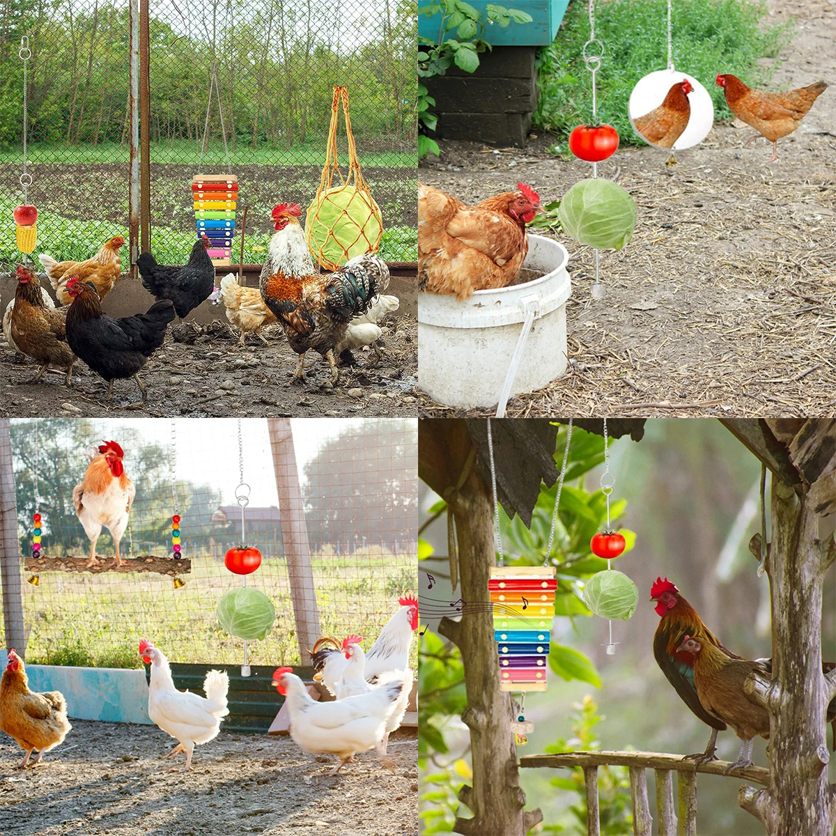 Chicken Toys Set 6Pcs Chewing Foraging Toys Parrot Playing Training with Wooden Swing Fruit Vegetable Hanging Feeder parrot toy bird toy bird swing toy