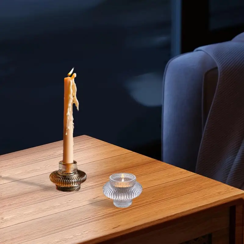 Reversible Glass Candle Holder Ribbed Candle Sticks Holder Decor Romantic Trendy Double Sided Candle Holder For Table - Image 2