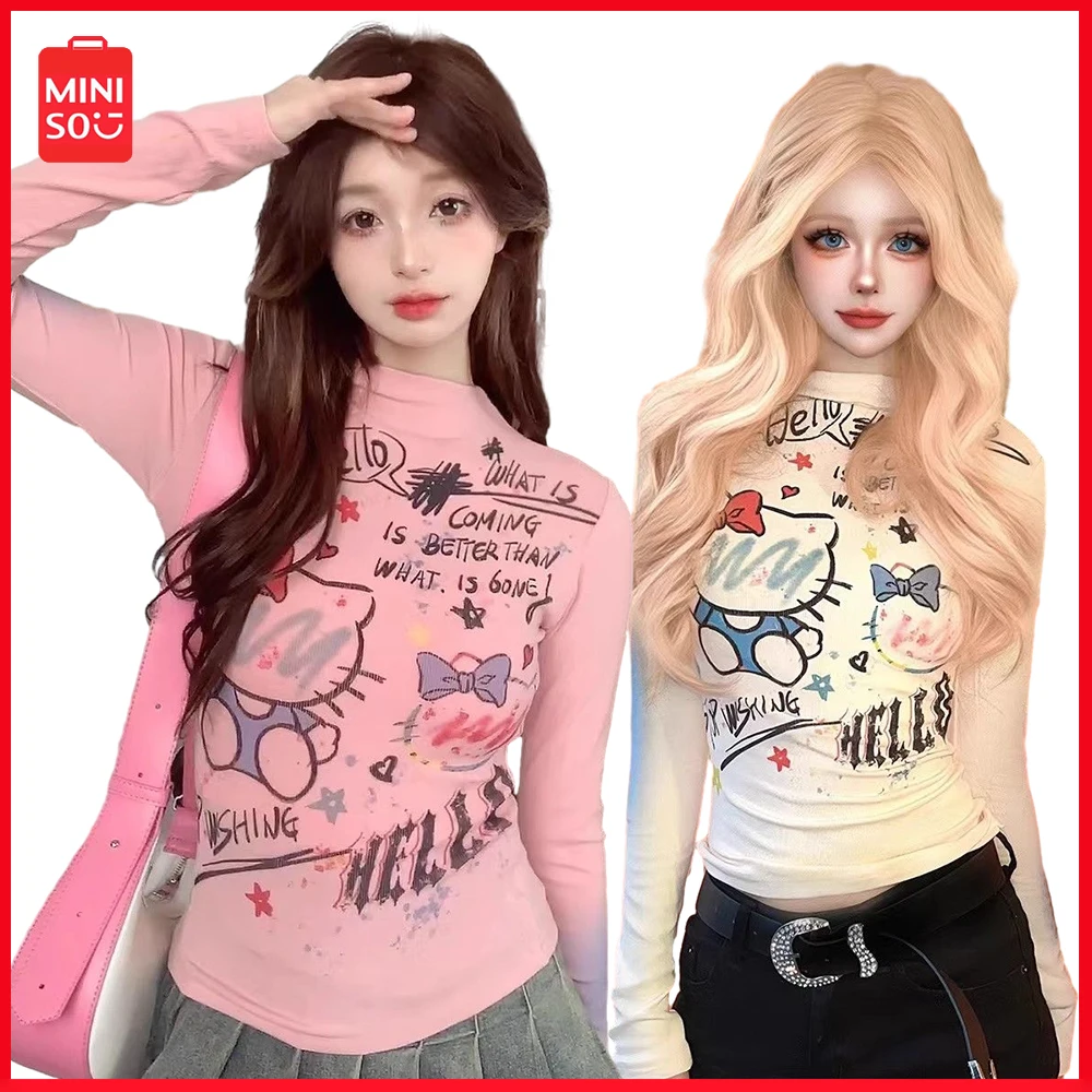 

New Miniso Y2K Sanrio Hellokitty Cartoon Printing Bottoming Shirt T-Shirt Women Fall Winter Sweet Spicy Slim Long-Sleeved Tops