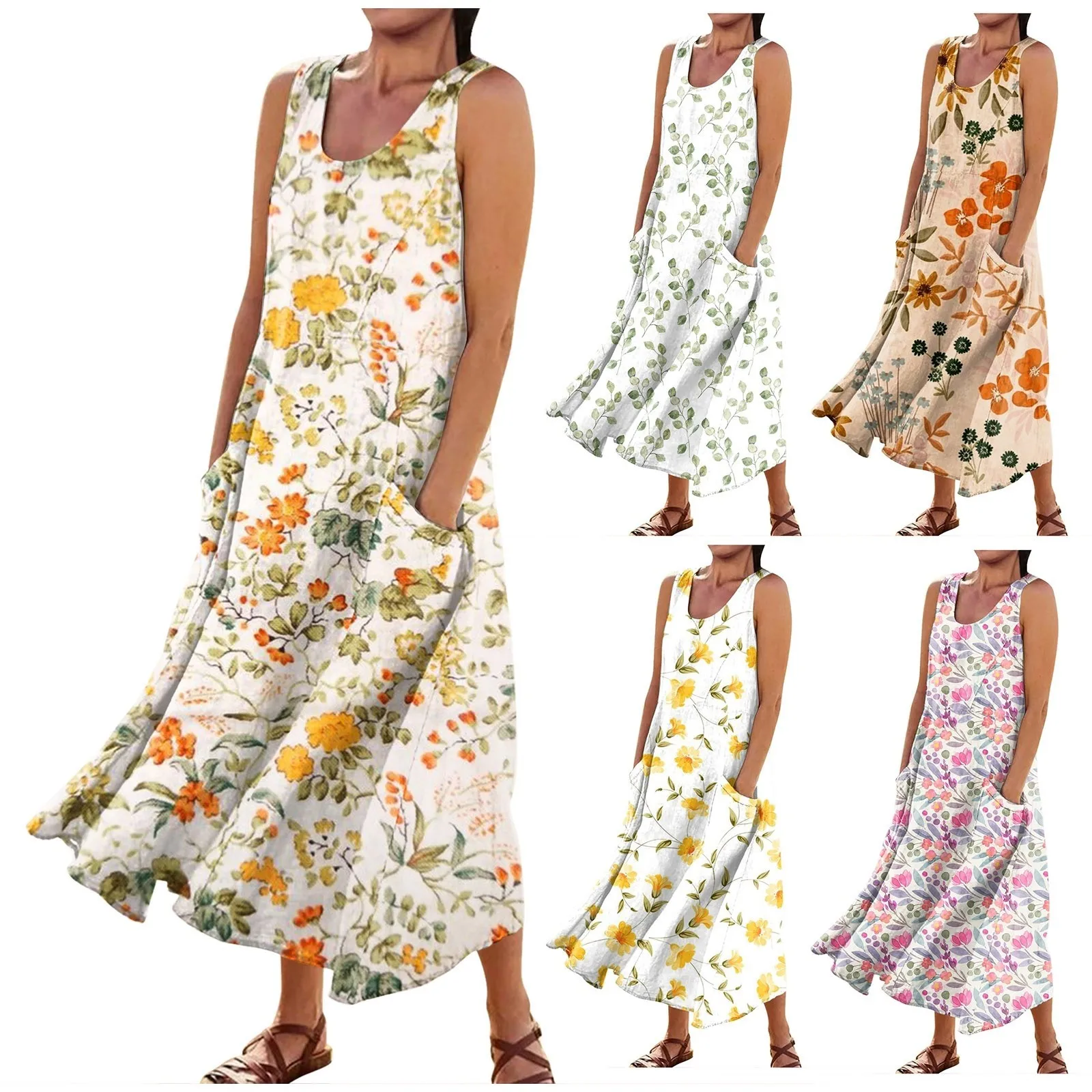 

Women'S New 2024 Summer Oversized Dress Women'S Summer Casual Fashion Printed Sleeveless Round Neck Pocket Sundress Frock