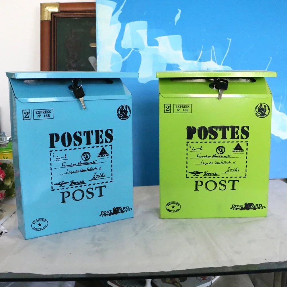 1pc White/Green/Blue Vintage Wall Mount Mailbox With 2 Keys Waterproof Mail Retro Postal Letter Newspaper Box 29*22*6.5cm wall mounted mailbox