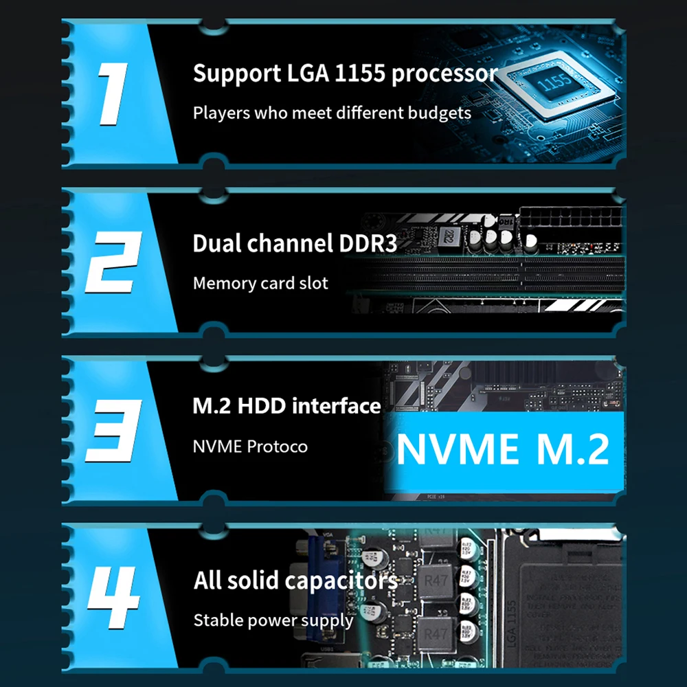 MUCAI-H61 Kit Motherboard, LGA 1155, Compatível com CPU Intel Core, 2ª e 3ª Gerações, Suporta M.2 NVME SDD