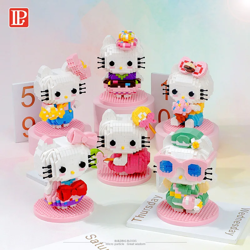 

Kawaii Hello Kitty Micro Building Block Cartoon Summer Ice Cream Cat Figure 3D Model Mini Bricks Toys For Children