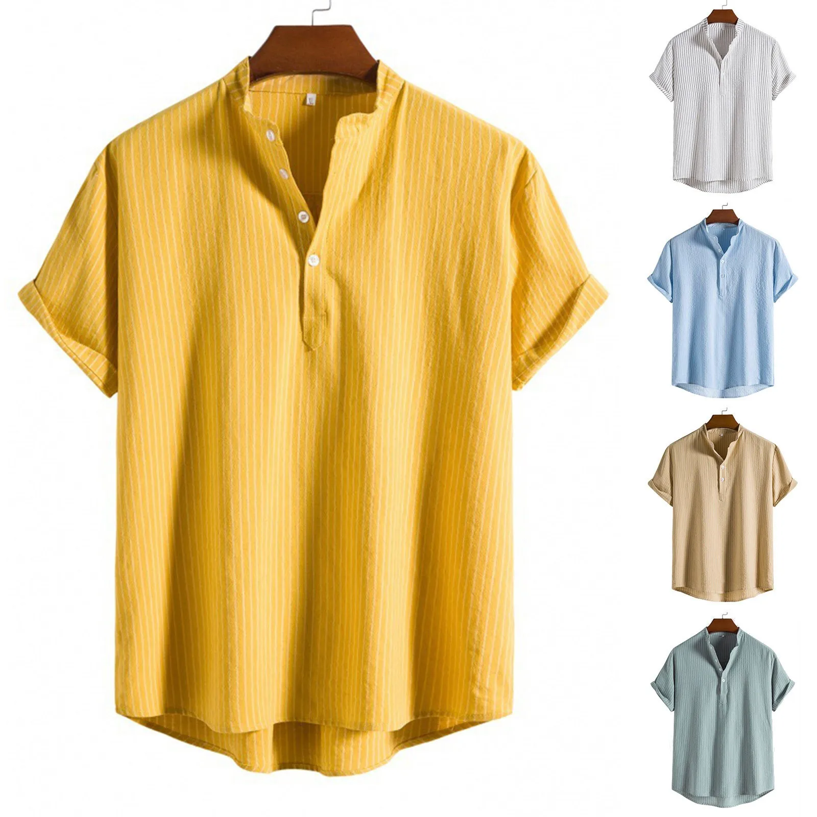 Men Summer Shirt Solid Color Pullover Loose Stand Collar Top Daily Wear Simple Style Short Sleeves T-Shirt Clothes