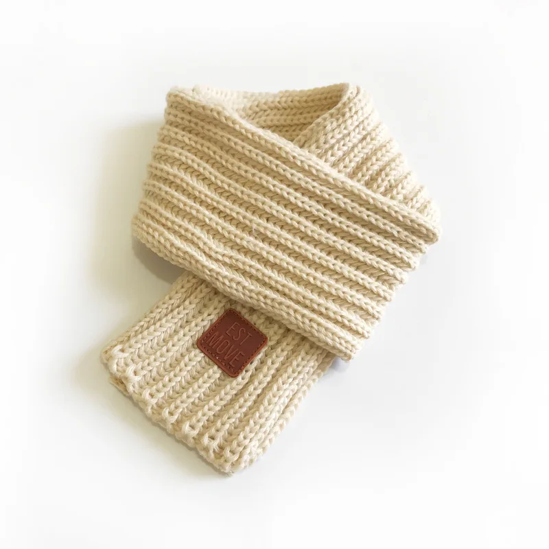 Winter Baby Scarfs Knitted Kids Neck Warmer Leather Lable Cross Children Boys Girls Scarves Baby Accessories 9*110cm