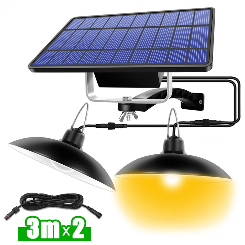 

Solar Pendant Light Outdoor Chandelier Hanging 3m IR Remote Waterproof Double-head Decoration Lamp for Indoor Shed Barn Roo